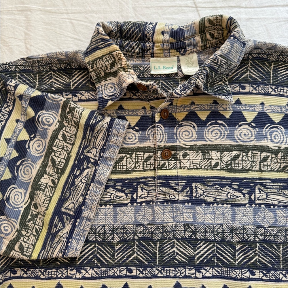 Vintage AOP LL Bean island graphic ribbed polo shirt Men’s M